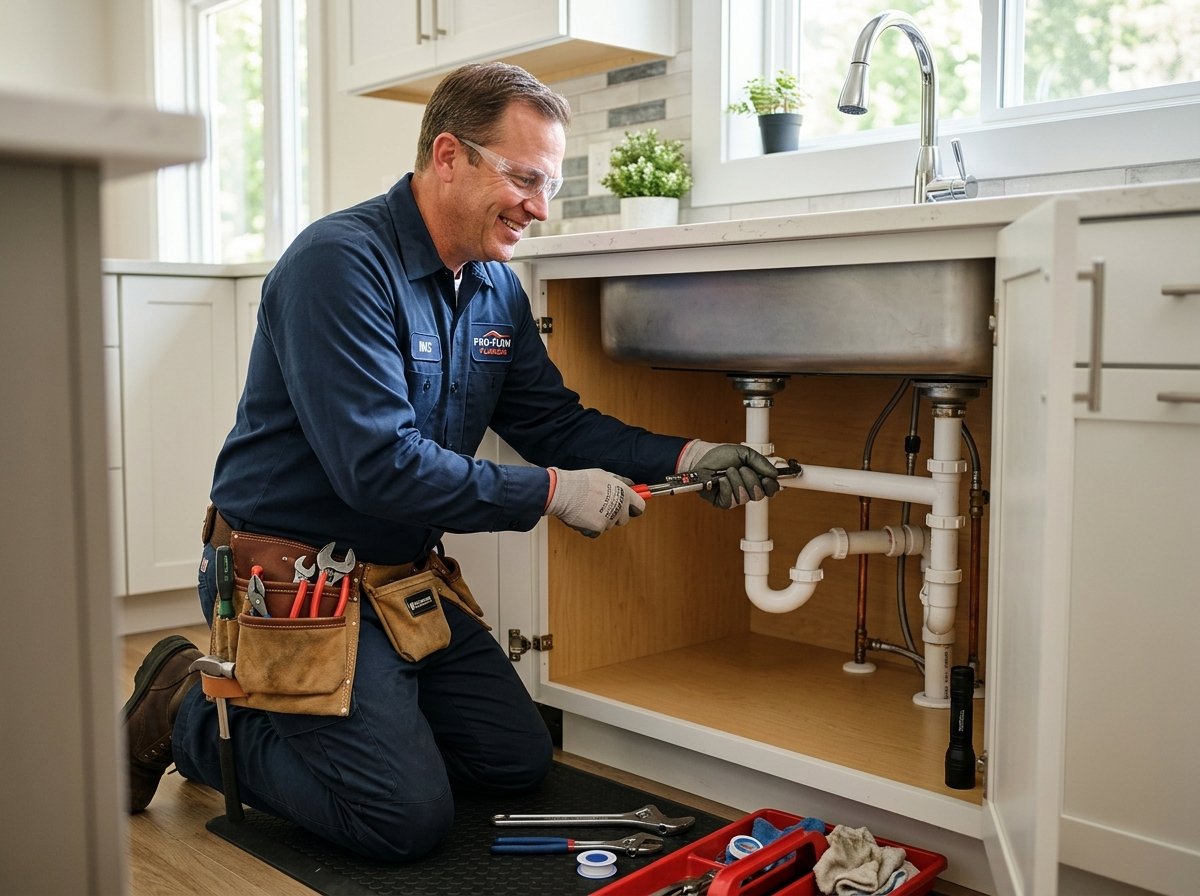Plumbing repair technician inspecting residential plumbing in Lancaster, Pennsylvania