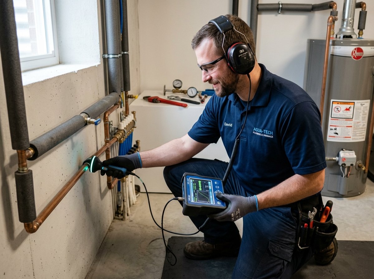 Leak Detection specialist working on residential plumbing in Lancaster, PA