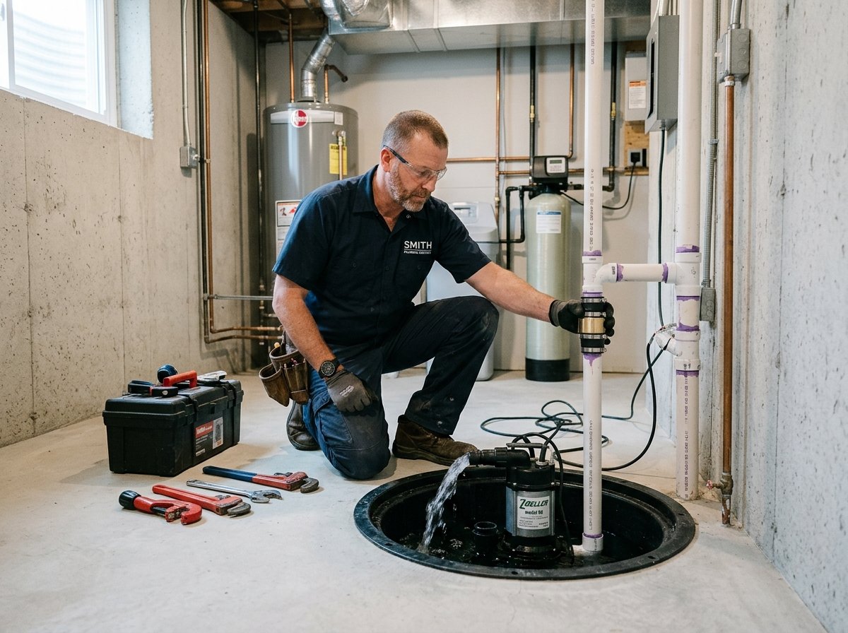 Sump Pump Repair specialist working on residential plumbing in Lancaster, PA
