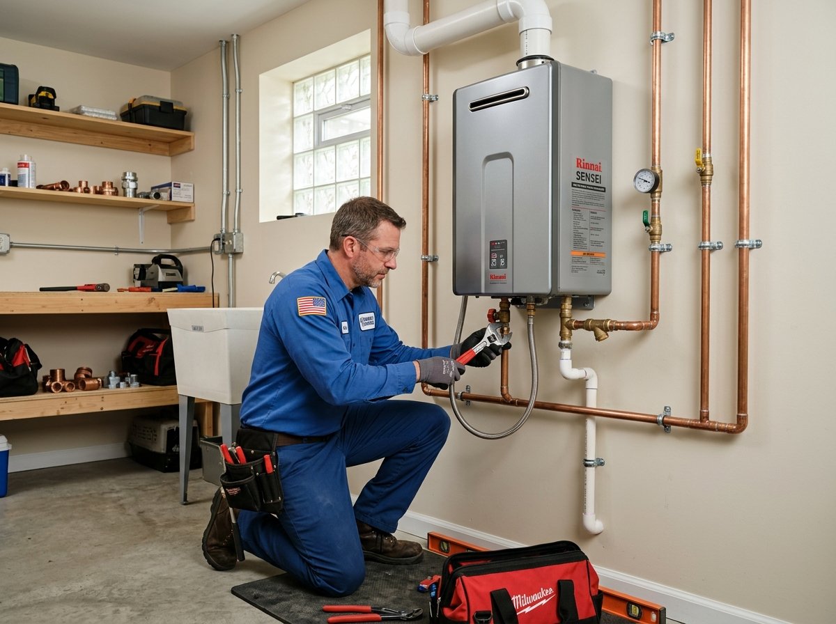 Water Heater Installation specialist working on residential plumbing in Lancaster, PA